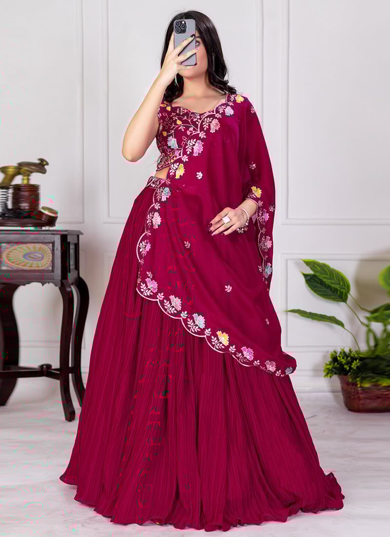Red Faux Georgette Embroidered Sequins Lehenga Festive Wear