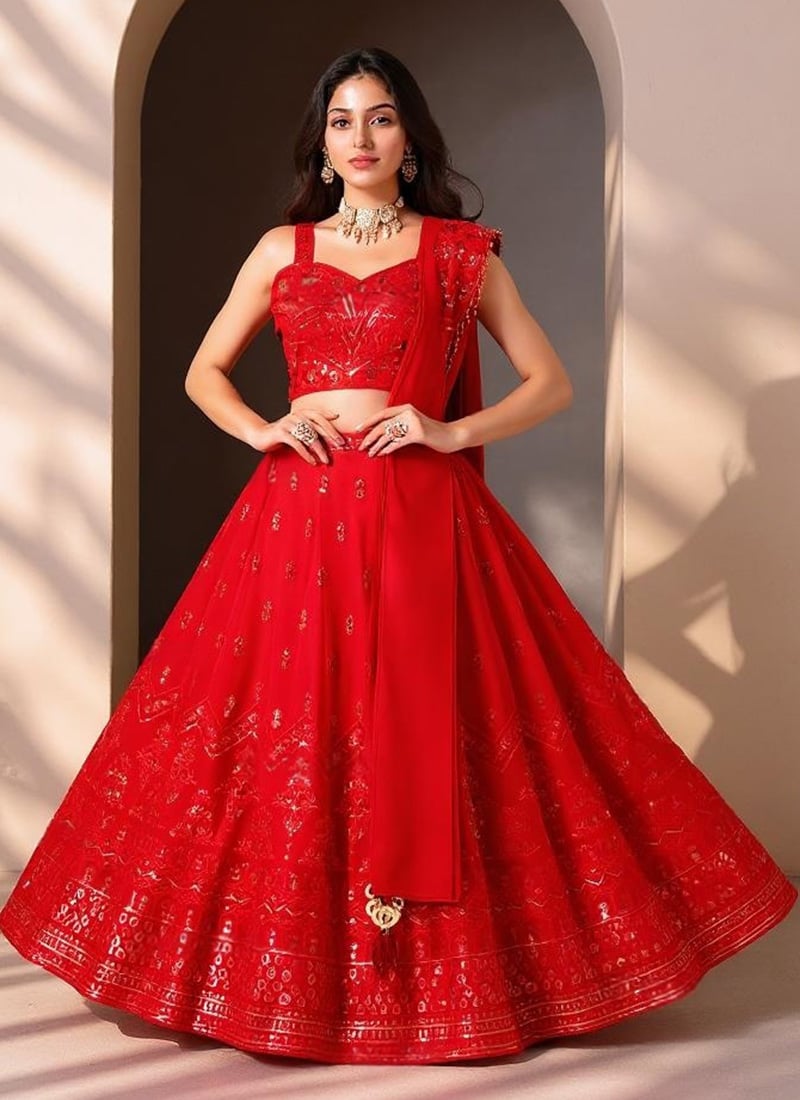 Red Faux Georgette Embroidered Sequins Lehenga