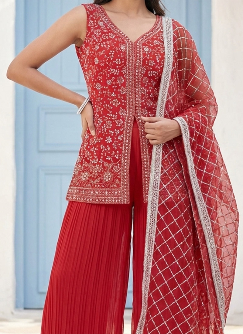Red Embroidered Georgette A-Line Suit Set With Dupatta