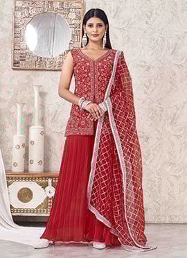 Red Faux Georgette Embroidered Sequins Sharara Suit With Criss Cross Dupatta