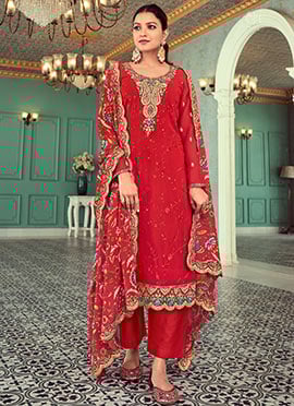 Red Faux Georgette Embroidered Sequins Straight Pant Suit