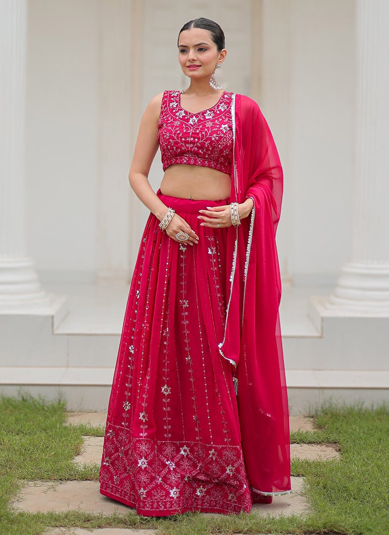 Red Faux Georgette Embroidered Sequins Stunning Lehenga Festive Wear