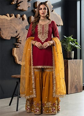 Red Faux Georgette Embroidered Sharara Suit