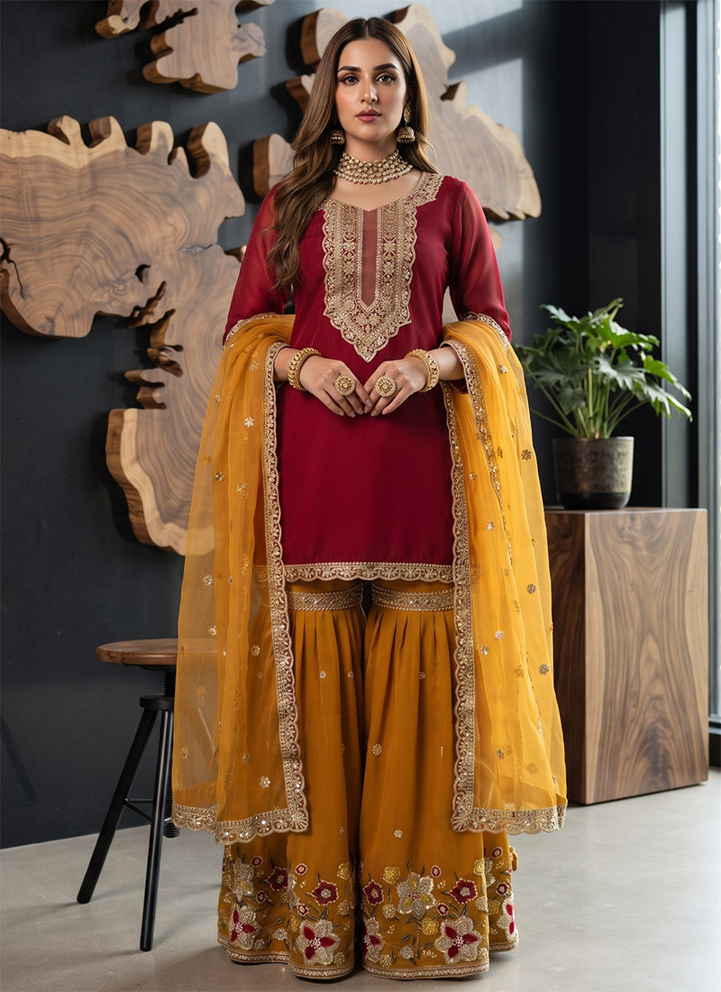 Red Faux Georgette Embroidered Sharara Suit Festive Wear