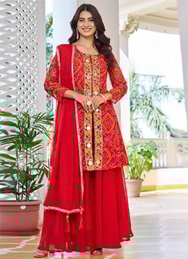 Red Faux Georgette Embroidered With Bandhini Print And Mirror Work High Slit Palazzo Suit