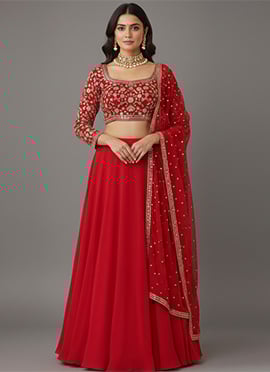 Red Faux Georgette Foil Embroidered Zari Sequins Lehenga Set