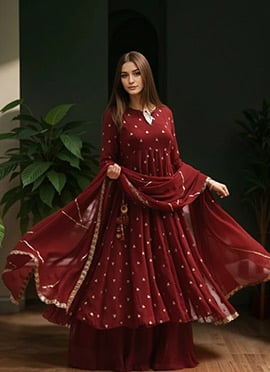 Red Faux Georgette Hand Embroidered Moti Sequins Zari Palazzo Suit