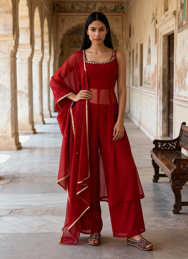Red Faux Georgette Hand Embroidered With Mirror Work Palazzo Suit Festive Wear