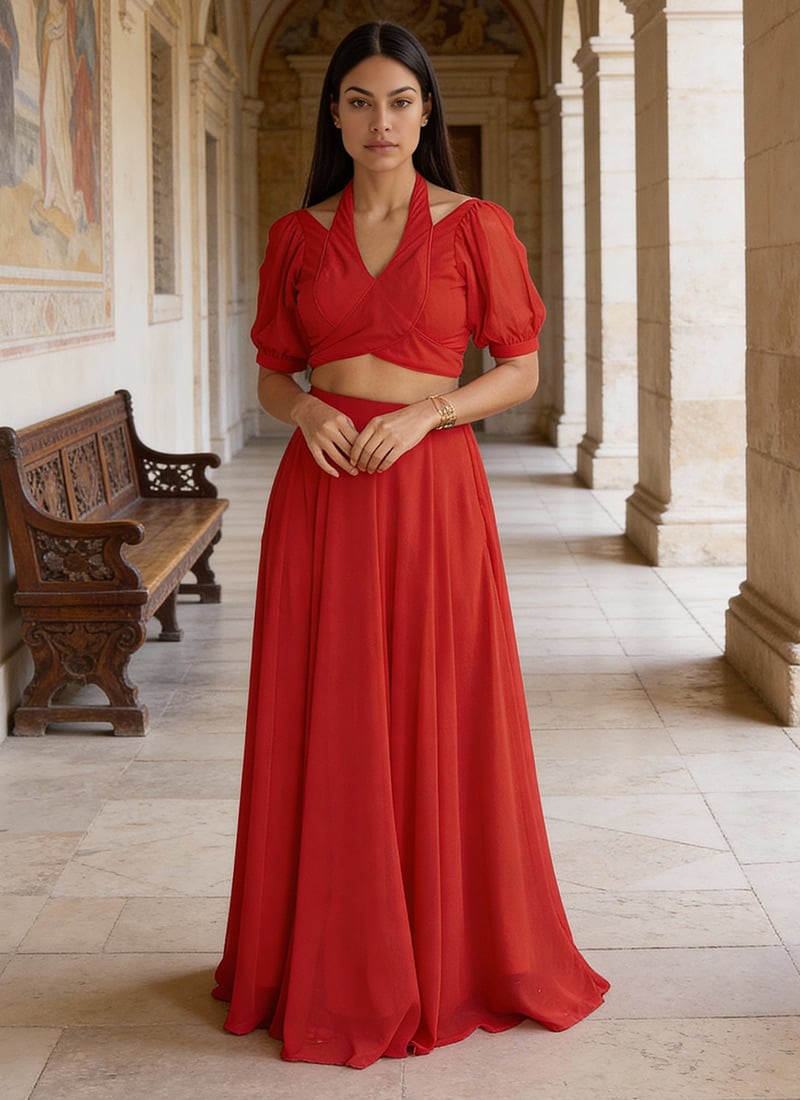 Red Faux Georgette Indowestern Skirt Set After Six Wear