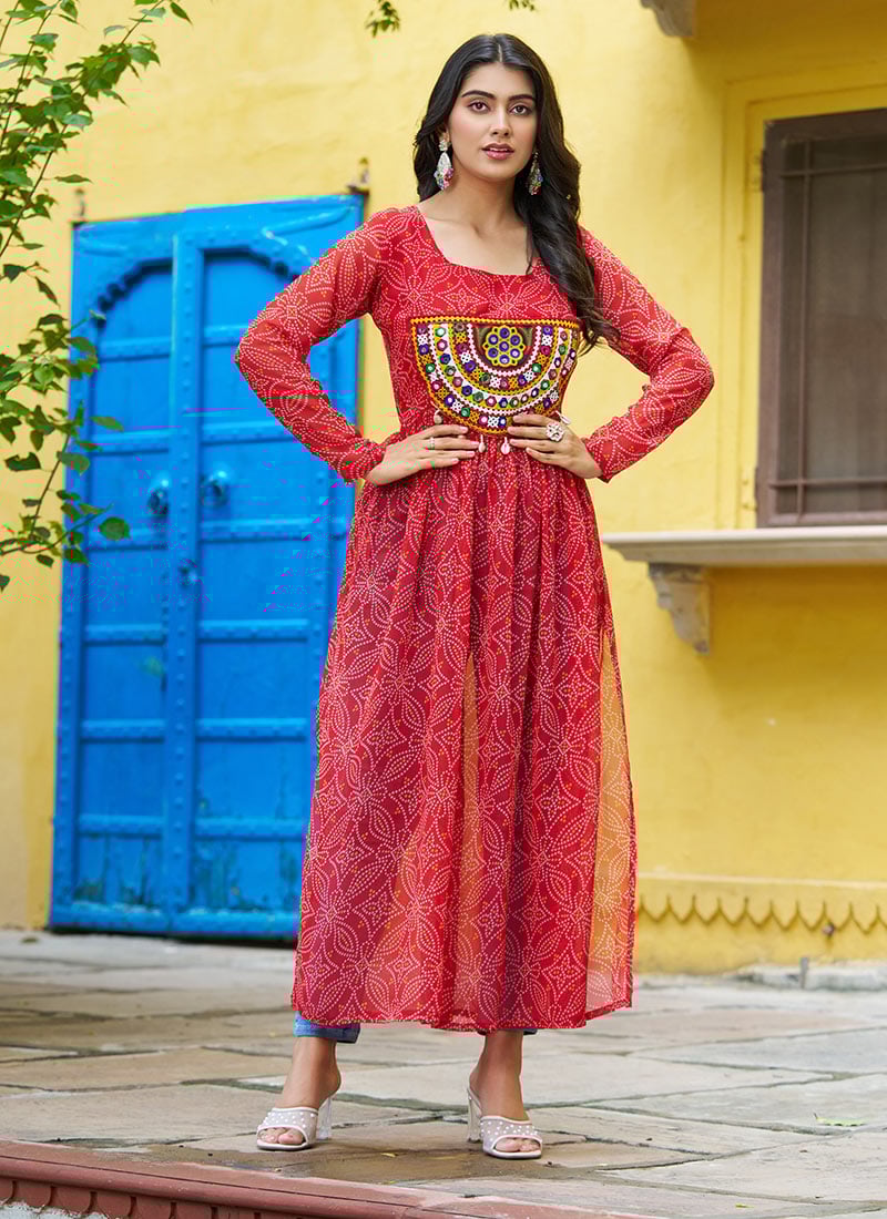 Red Faux Georgette Kutch And Mirror Work With Bandhini Print Tunic