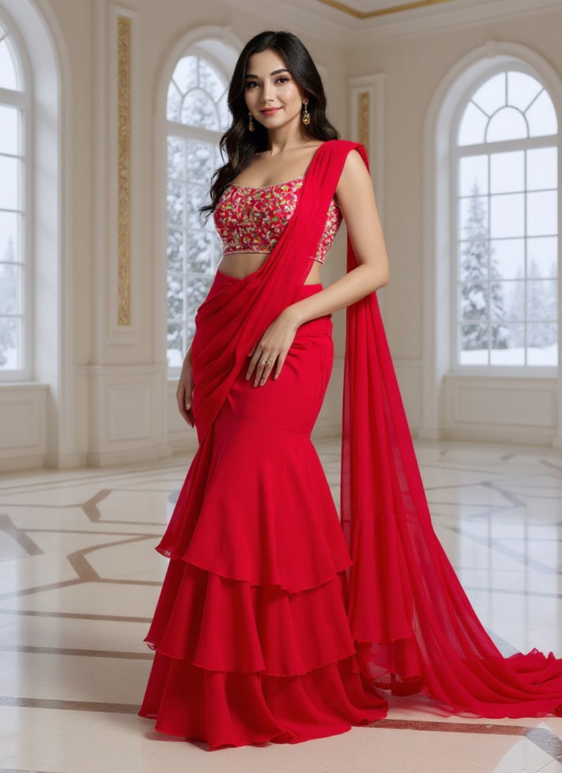 Red Faux Georgette Moti Zari Hand Embroidered Lehenga Saree