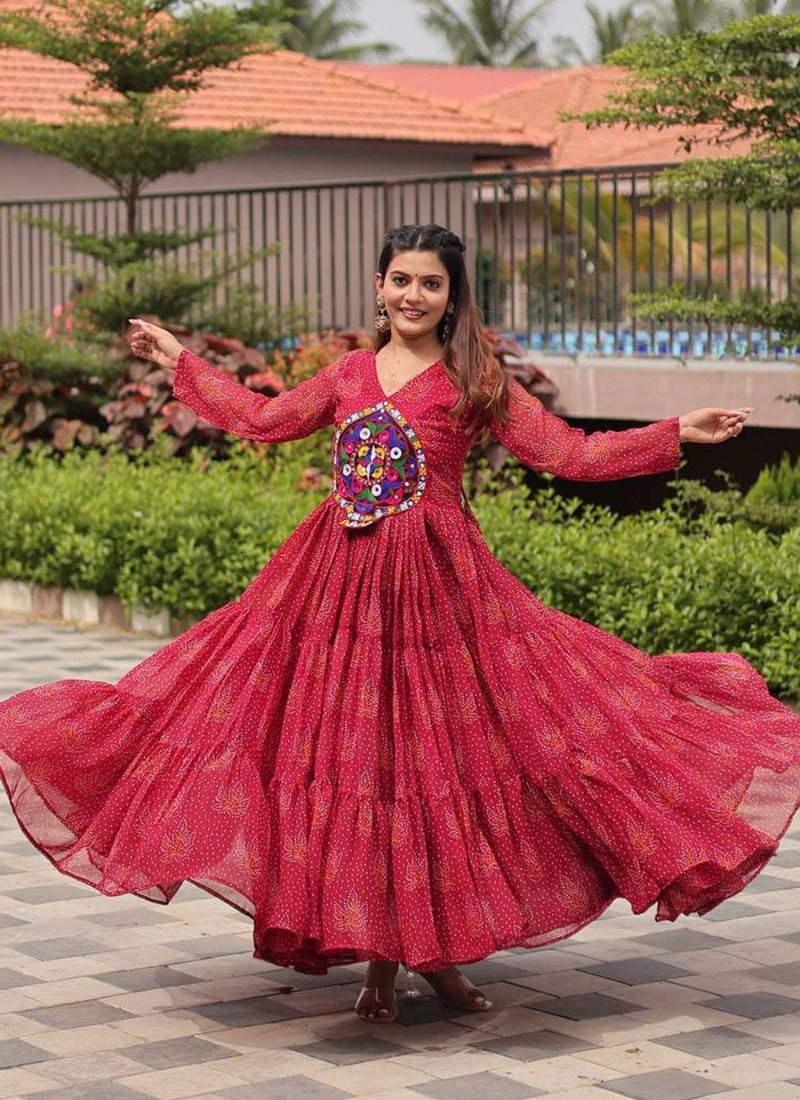 Red Faux Georgette Printed Kutch Work Dress After Six Wear