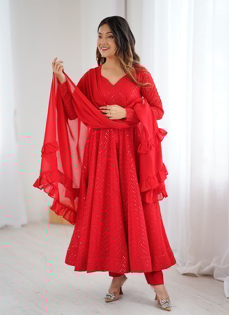 Red Faux Georgette Sequins Anarkali Suit Festive Wear
