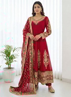 Red Faux Georgette Sequins Anarkali Suit