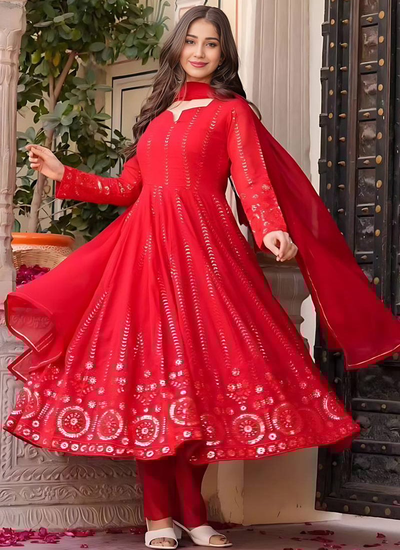 Red Faux Georgette Sequins And Embroidered Anarkali Suit After Six Wear-SLSRO6035
