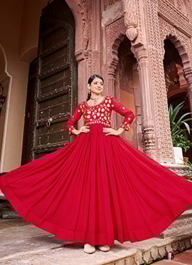 Red Faux Georgette Sequins Embroidered Anarkali Gown