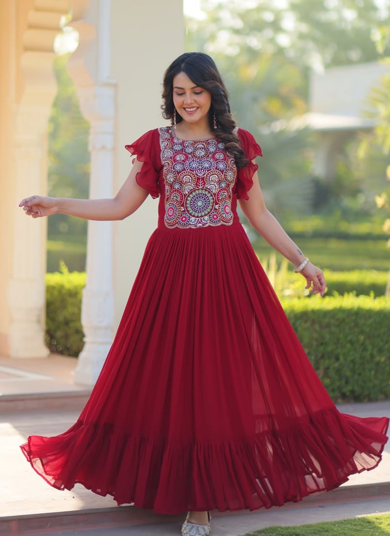 Red Faux Georgette Sequins Embroidered Anarkali Gown