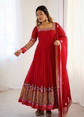 Red Faux Georgette Sequins Embroidered Anarkali Suit