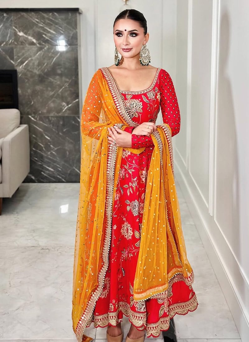 Red Faux Georgette Sequins Embroidered And Digital Print Anarkali Suit Festive Wear
