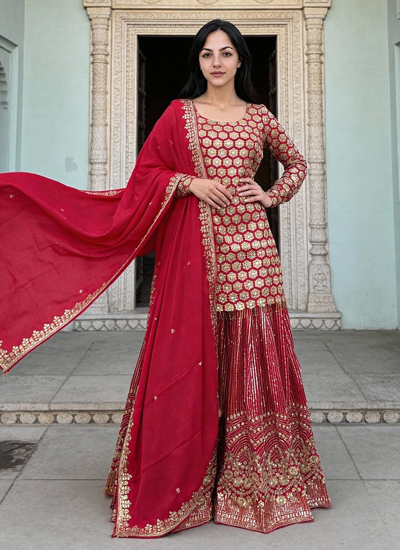 Red Faux Georgette Sequins Embroidered Palazzo Suit Festive Wear