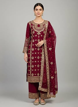 Red Faux Georgette Sequins Embroidered Zari Palazzo Suit
