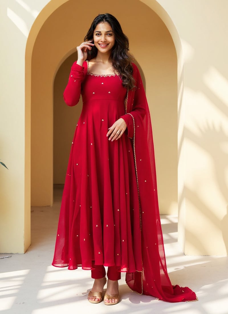 Red Faux Georgette Sequins With Stone And Beads Work Anarkali Suit
