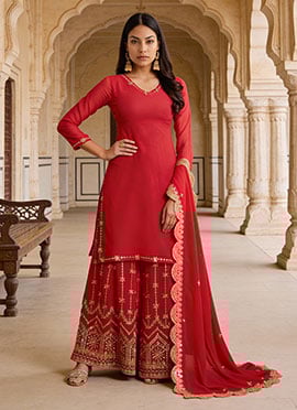 Red Faux Georgette Sequins Zari Embroidered Palazzo Suit