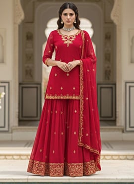Red Faux Georgette Sequins Zari Embroidered Thread Palazzo Suit