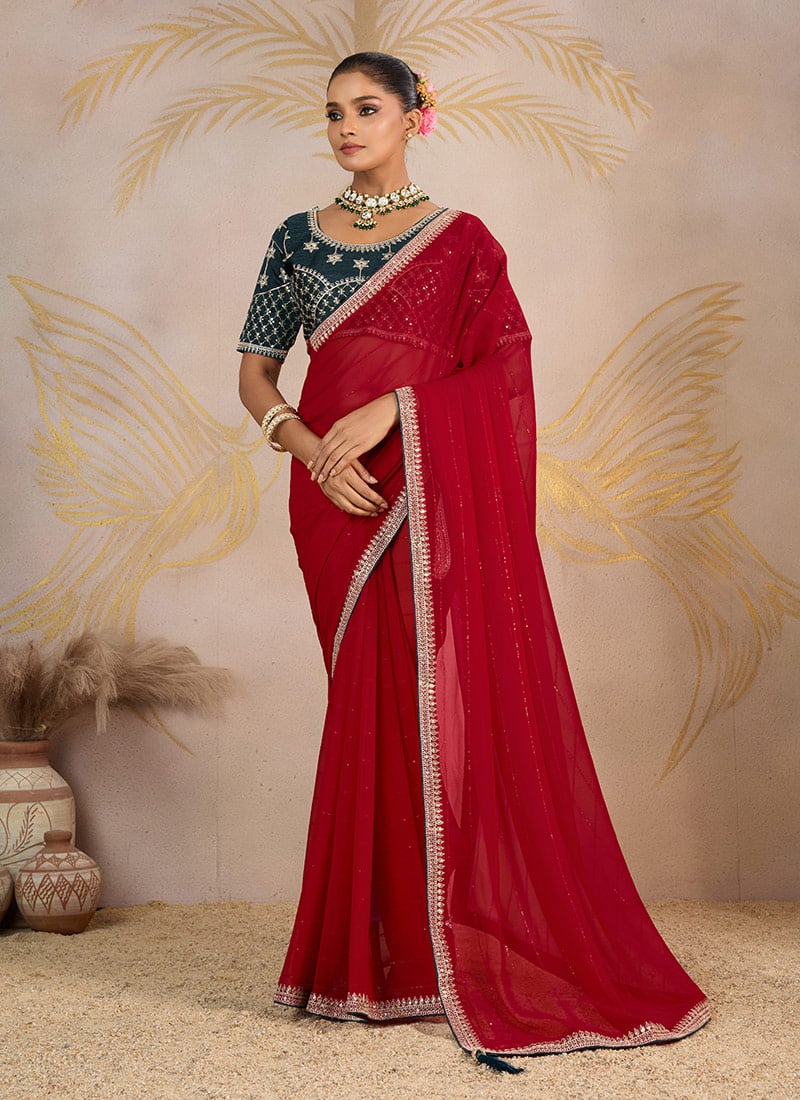 Red Faux Georgette Zari And Embroidered Sequins Saree