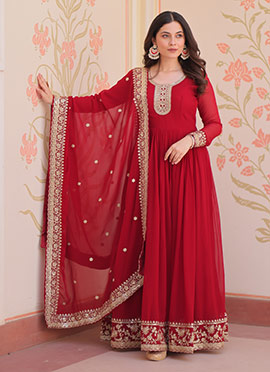 Red Faux Georgette Zari And Sequins Embroidered Anarkali Suit Festive Wear