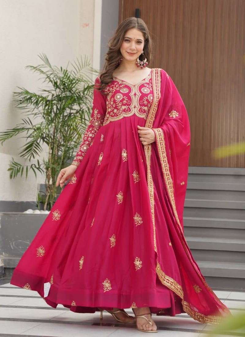 Rani Pink Faux Georgette Zari And Sequins Embroidered Anarkali Suit Festive Wear
