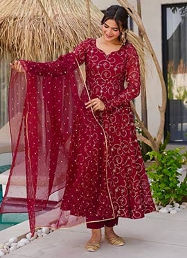 Red Faux Georgette Zari Embroidered Anarkali Suit