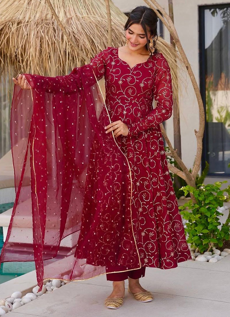 Red Faux Georgette Zari Embroidered Anarkali Suit Festive Wear