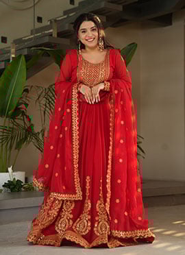 Red Faux Georgette Zari Embroidered Sequins Anarkali Suit