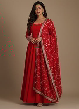 Red Faux Georgette Zari Embroidered Sequins Anarkali Suit