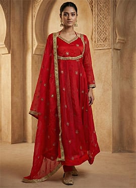 Red Faux Georgette Zari Embroidered Sequins Anarkali Suit