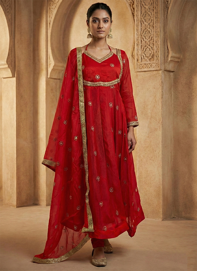 Red Faux Georgette Zari Embroidered Sequins Anarkali Suit Festive Wear