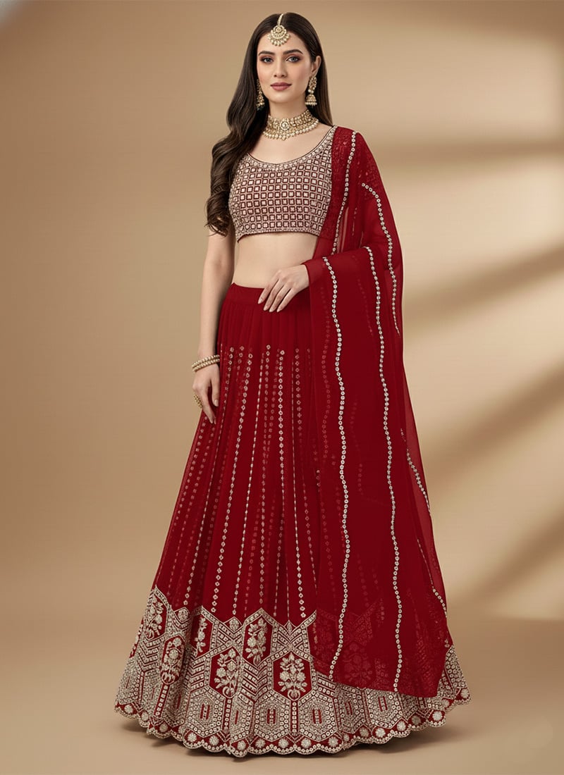Red Faux Georgette Zari Embroidered Sequins Lehenga Festive Wear