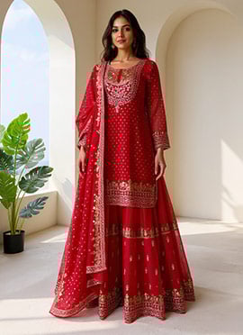 Red Georgette Zari Embroidered Sequins Palazzo Suit