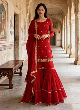 Red Faux Georgette Zari Embroidered Sequins Sharara Suit