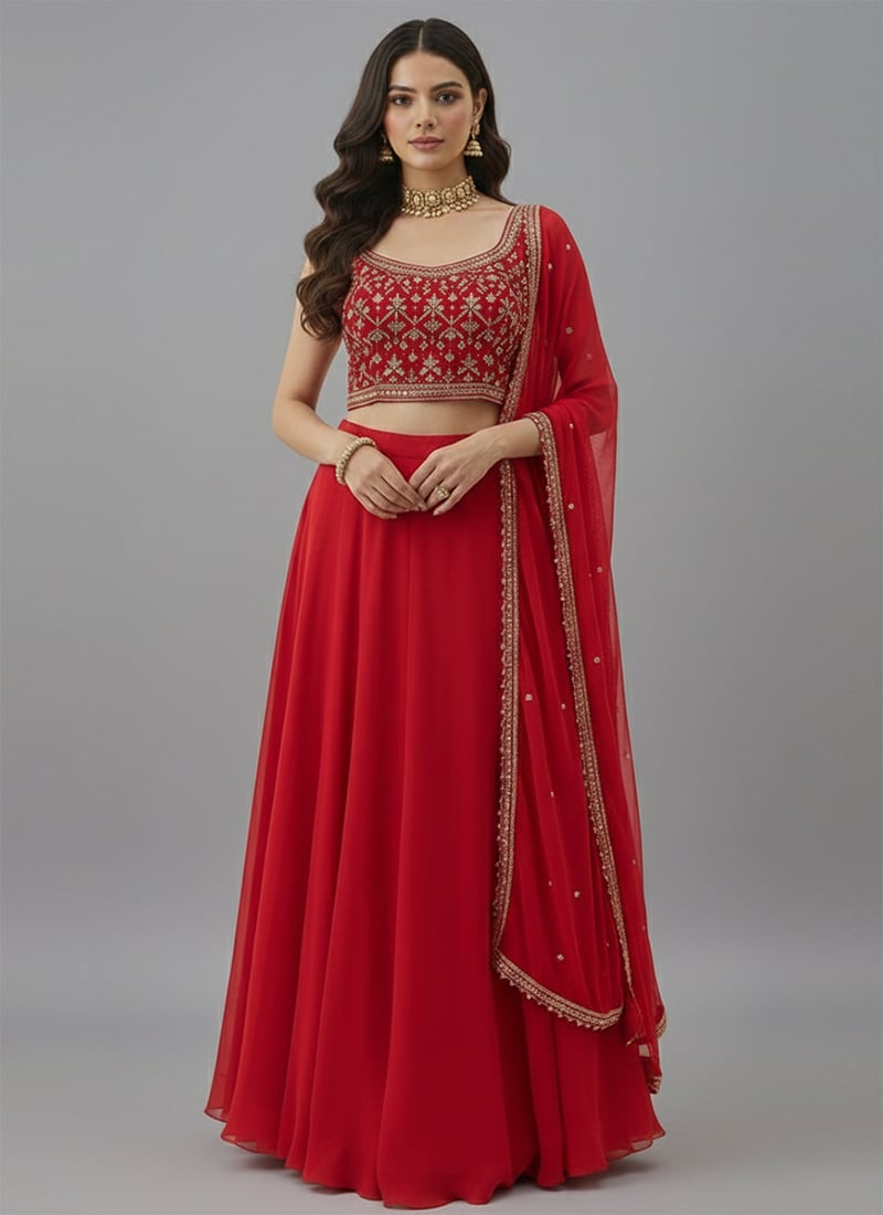 Red Faux Georgette Zari Foil Embroidered Sequins Work Lehenga Wedding Wear