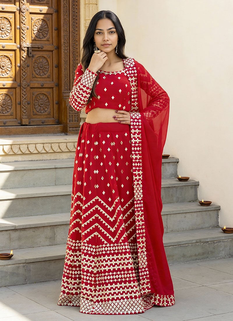 Red Faux Georgette Zari Gota Foil Mirror Embroidered A Line Lehenga Wedding Wear