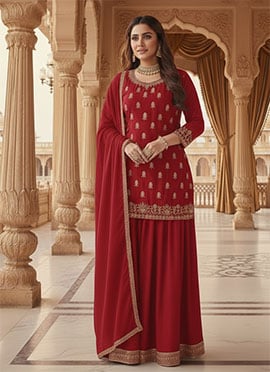 Red Faux Georgette Zari Hand Embroidered Long Choli Lehenga Set