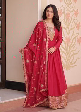 Red Faux Georgette Zari Sequin Embroidered Anarkali Suit