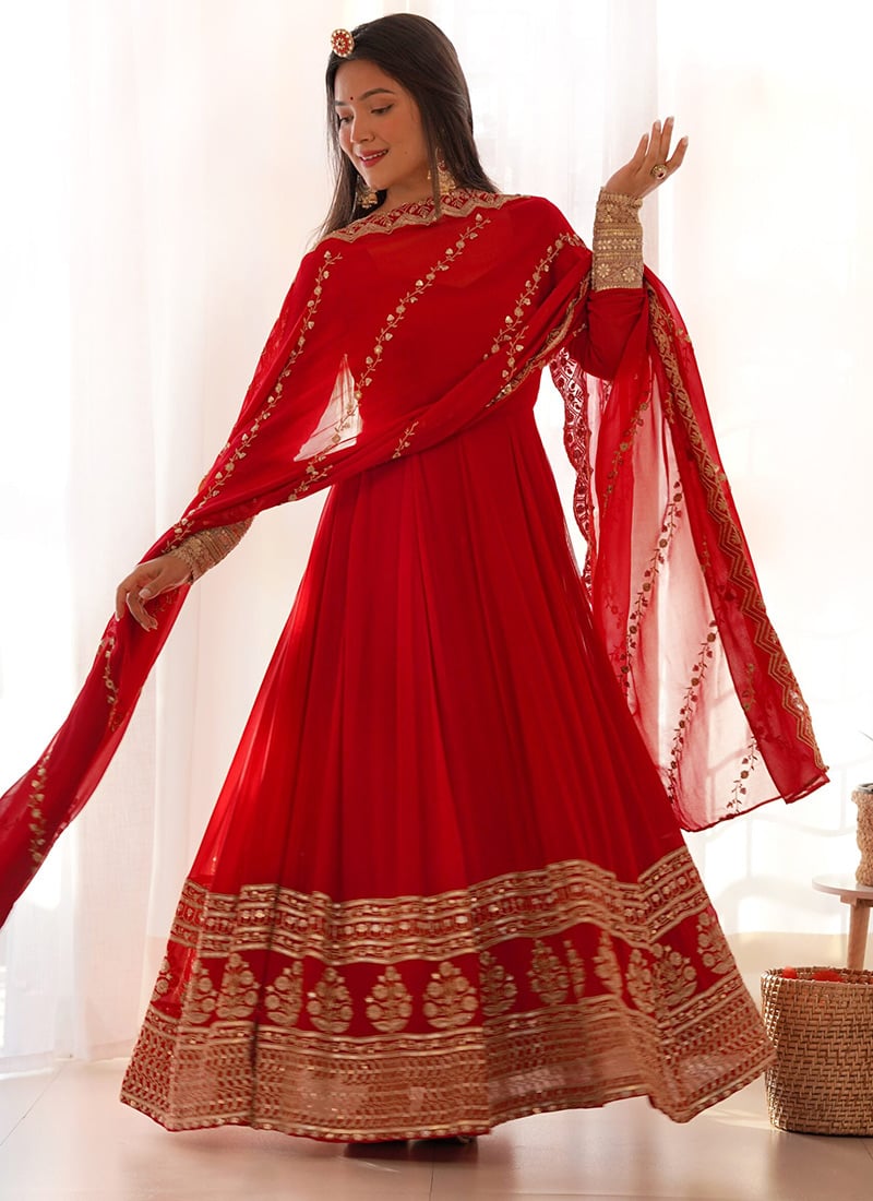 Red Faux Georgette Zari Sequins Classy Anarkali Suit Festive Wear