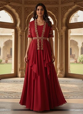 Red Faux Georgette Zari Sequins Gown