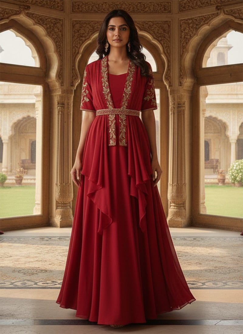 Red Faux Georgette Zari Sequins Gown After Six Wear