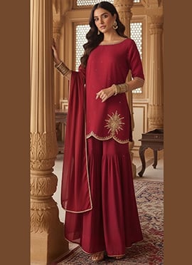Red Faux Georgette Zari Sequins Sharara Suit