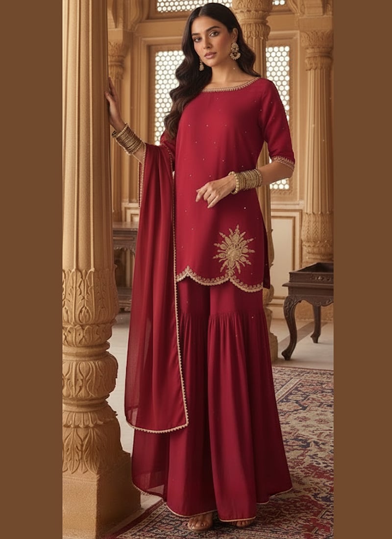 Red Faux Georgette Zari Sequins Sharara Suit Festive Wear