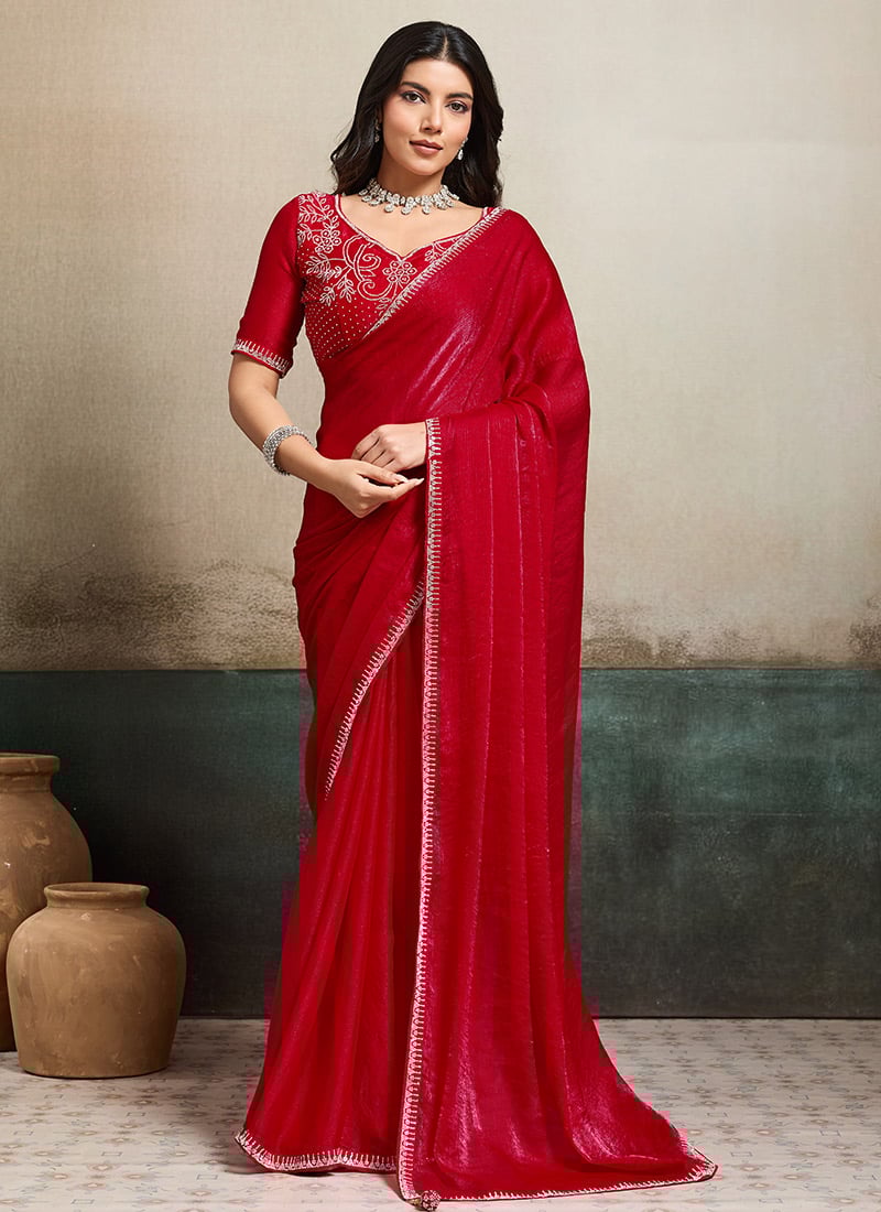 Red Fendy Chiffon Stones Saree After Six Wear